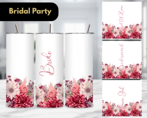 Personalized bridesmaid tumblers with script. Elegant name script on white tumbler by Tammi Oribello Designs, Lapeer Michigan

